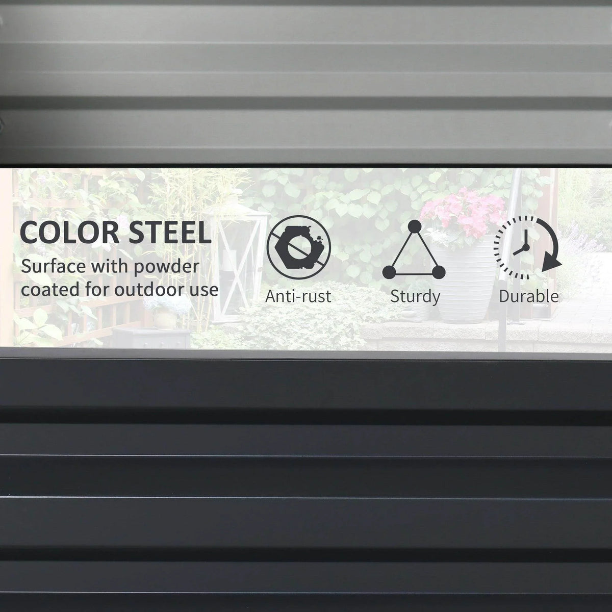 Close-up of dark grey steel raised bed coating and reinforced panel