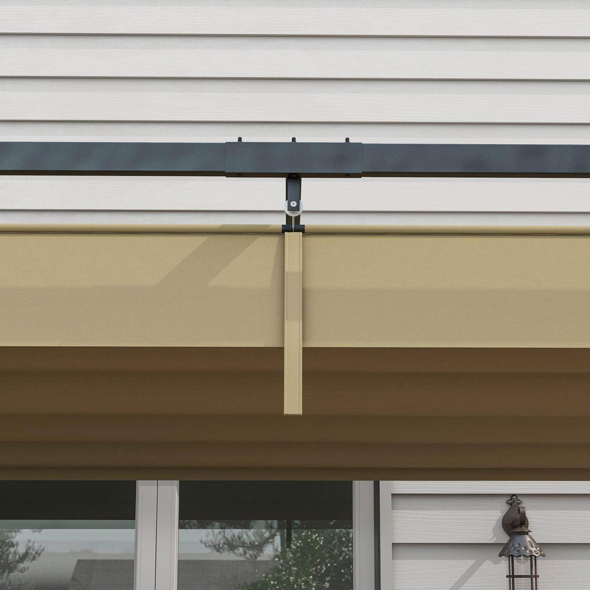Khaki canopy attached to black metal frame with hanging support bracket