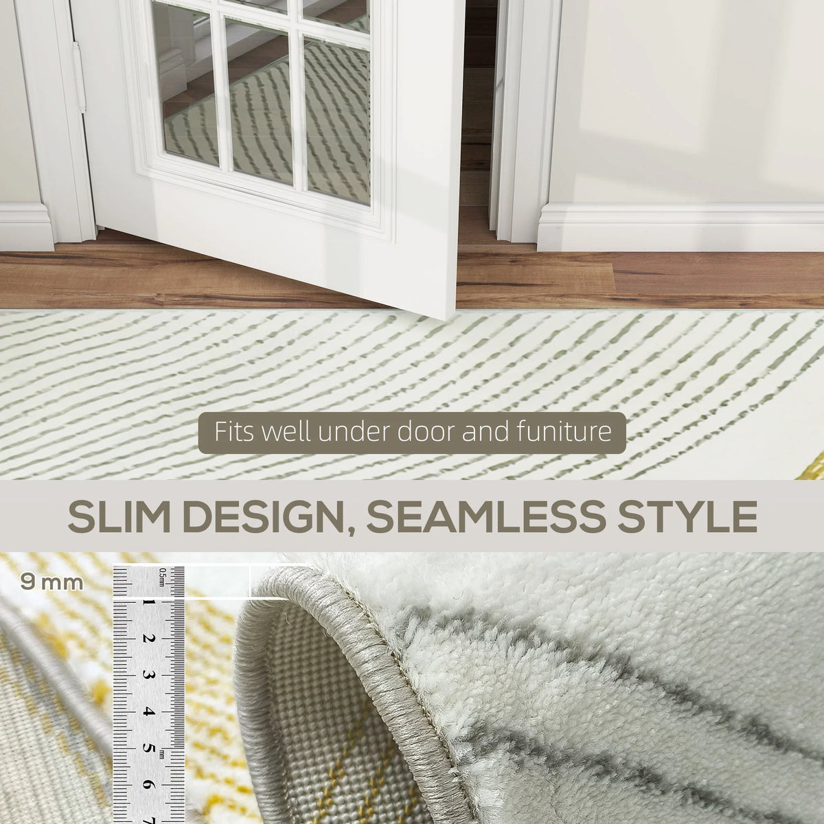 Slim-pile cream and gray area rug with gold swoosh, textured surface and binding edge