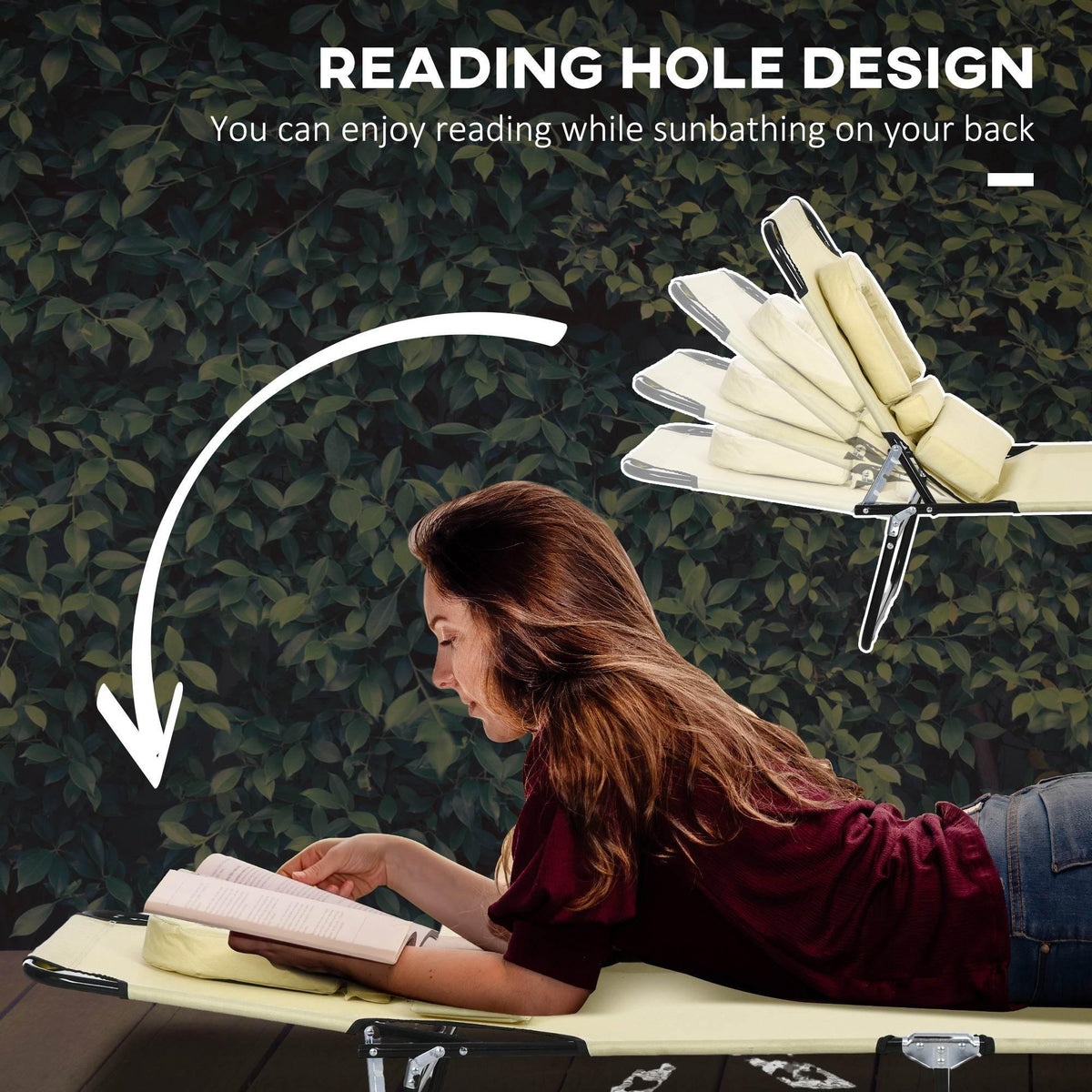 Beige recliner with face-opening reading hole, padded pillow, black metal frame