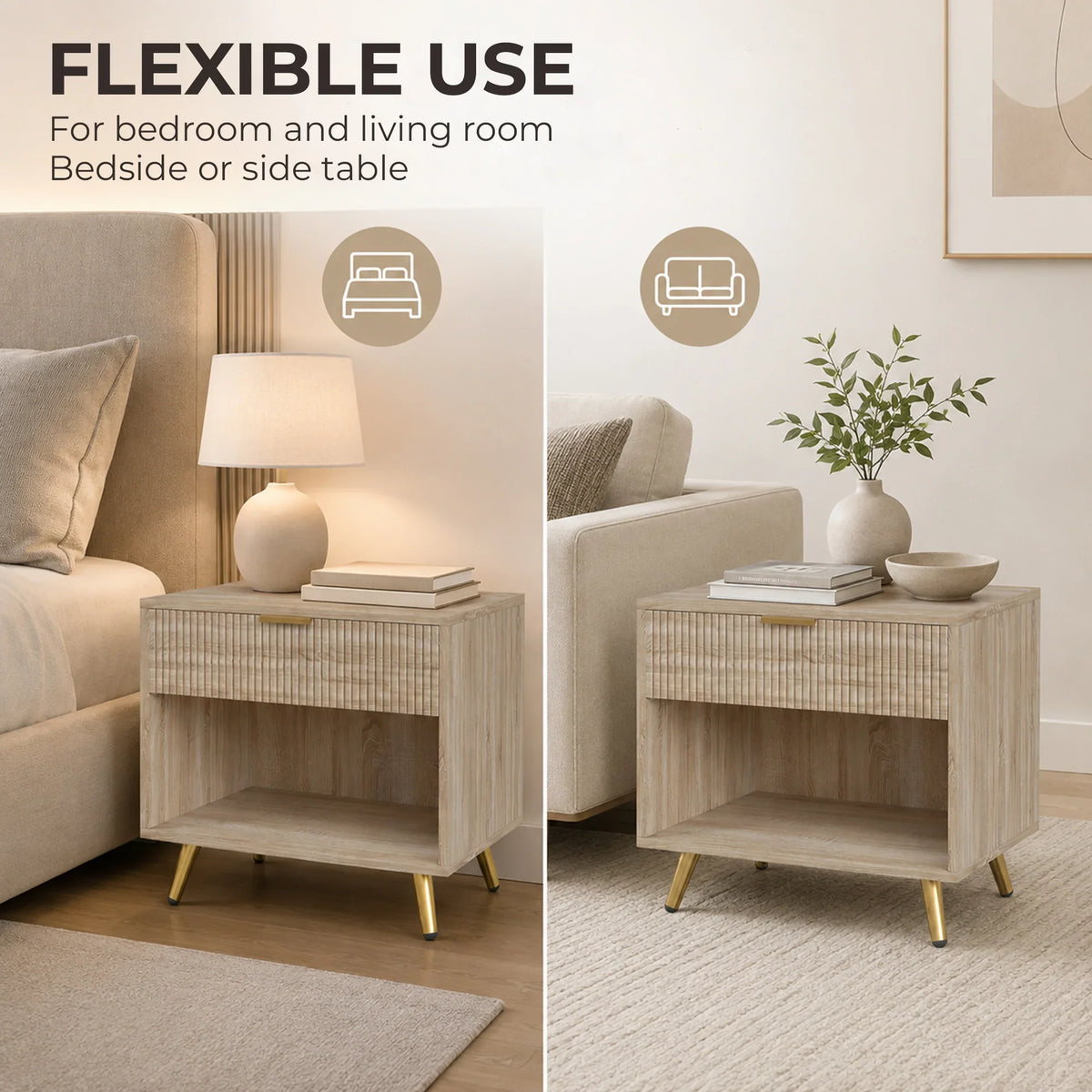 Natural wood bedside table with drawer front and open shelf storage, gold legs