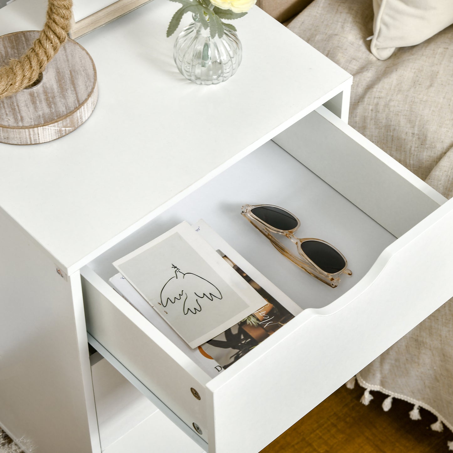 HOMCOM Set of 2 Bedside Tables Modern Nightstands With 3 Drawers and Solid Pine Wood Legs White