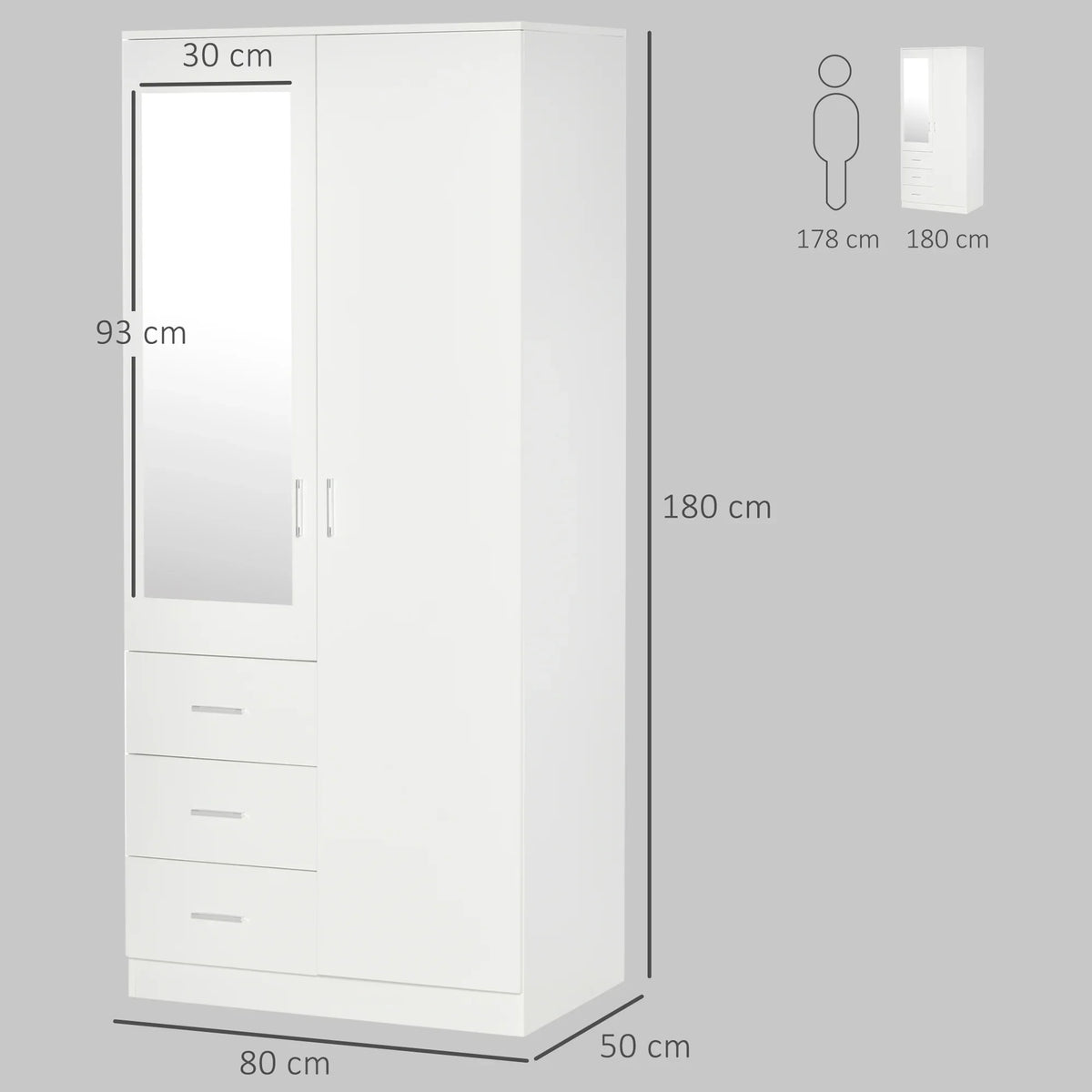 White two-door wardrobe with mirrored panel and three drawer compartments.
