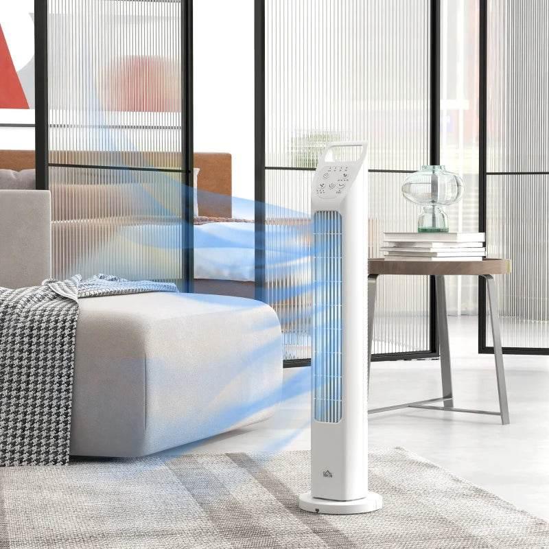 White oscillating tower fan with slim grille and top control panel