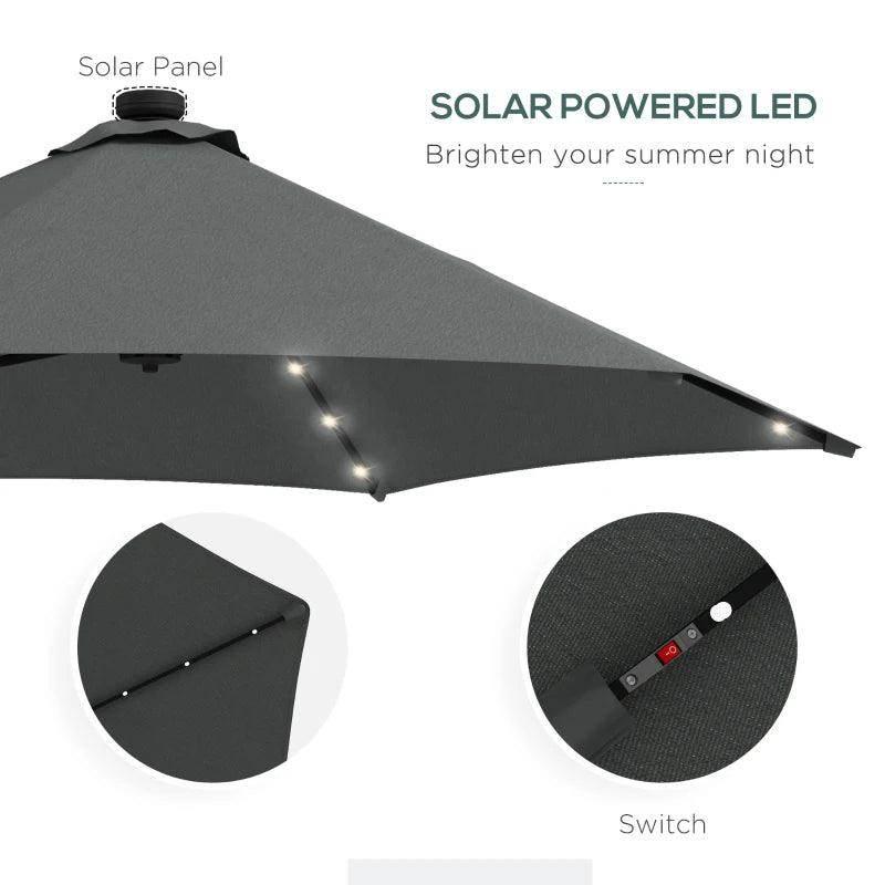 Dark grey umbrella canopy with solar-powered LED lights and switch control
