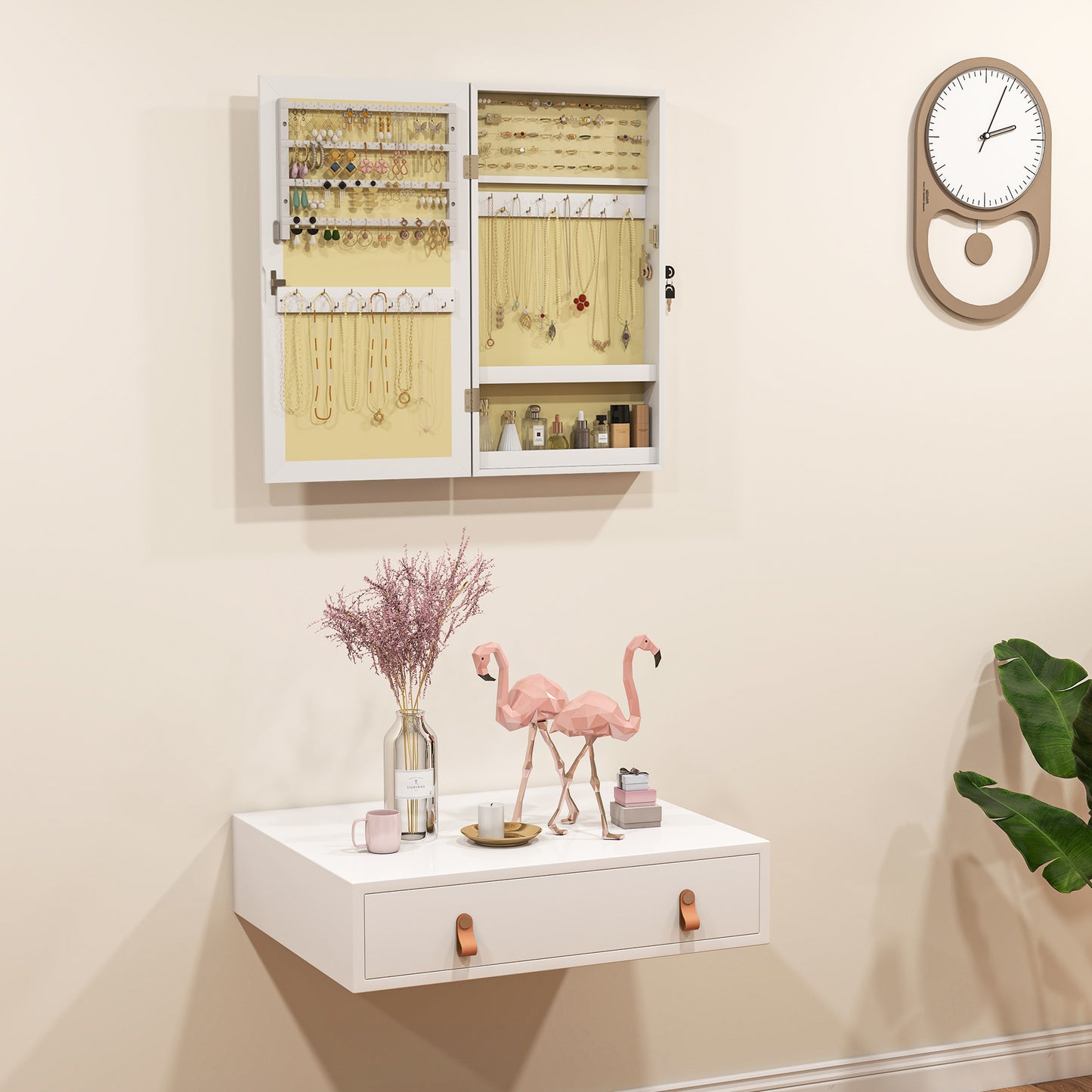HOMCOM Jewelry Cabinet With Mirror White, Wall Mount Or Over The Door Jewelry Storage With Lock