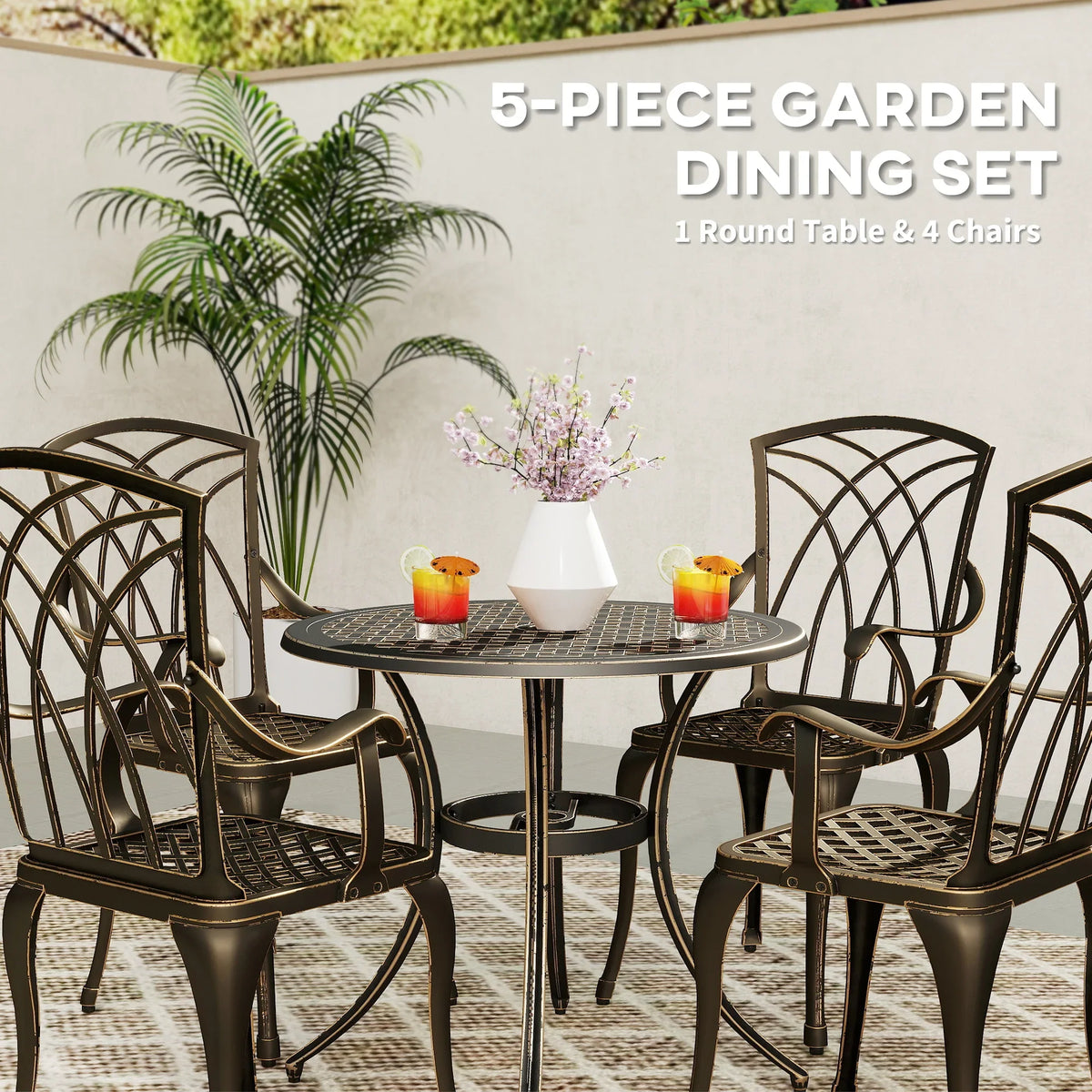 Bronze round garden dining table with four lattice-back armchairs and slatted seats
