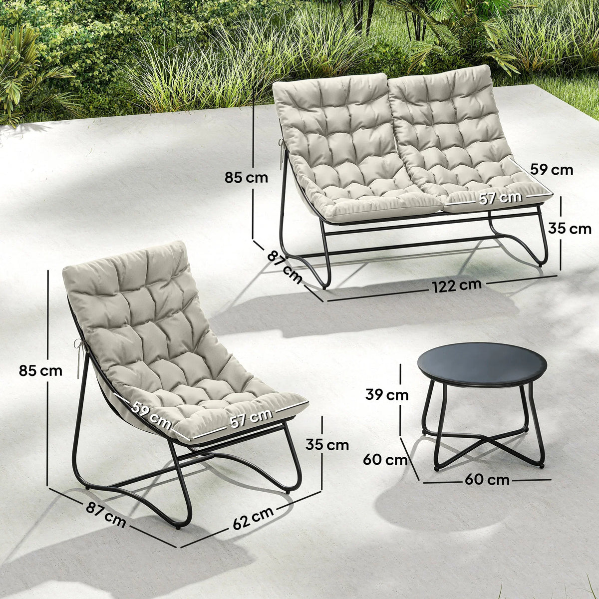 Light grey outdoor loveseat sofa chair with tufted cushions, side chair, and round table