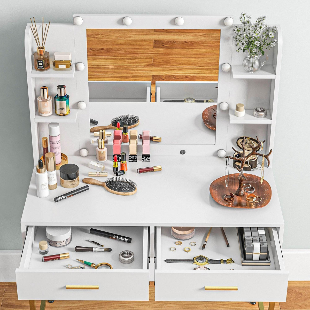 White vanity table set with lighted mirror and drawers, organized with cosmetics and accessories