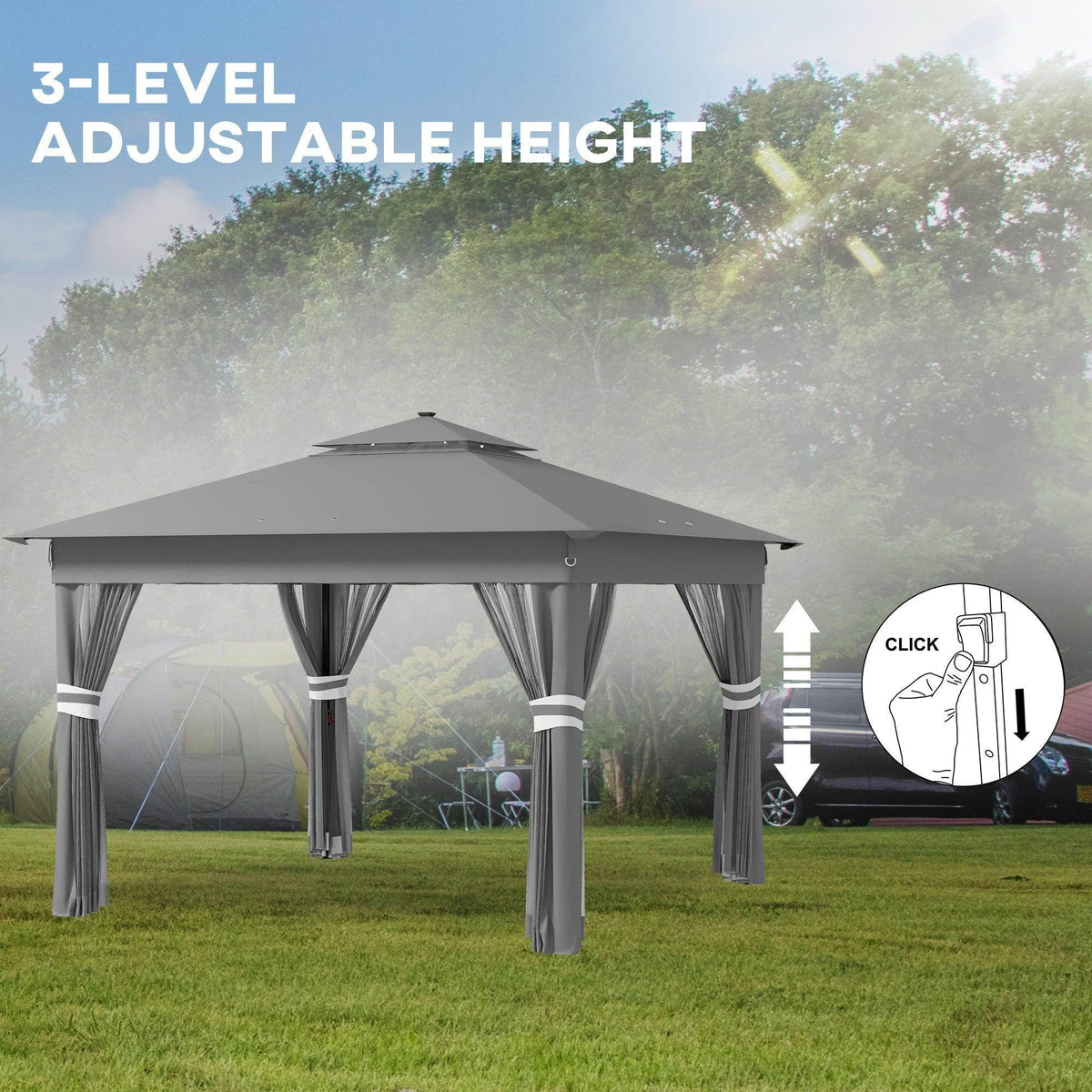 Grey pop-up gazebo with 3-level adjustable height legs for stable outdoor shelter