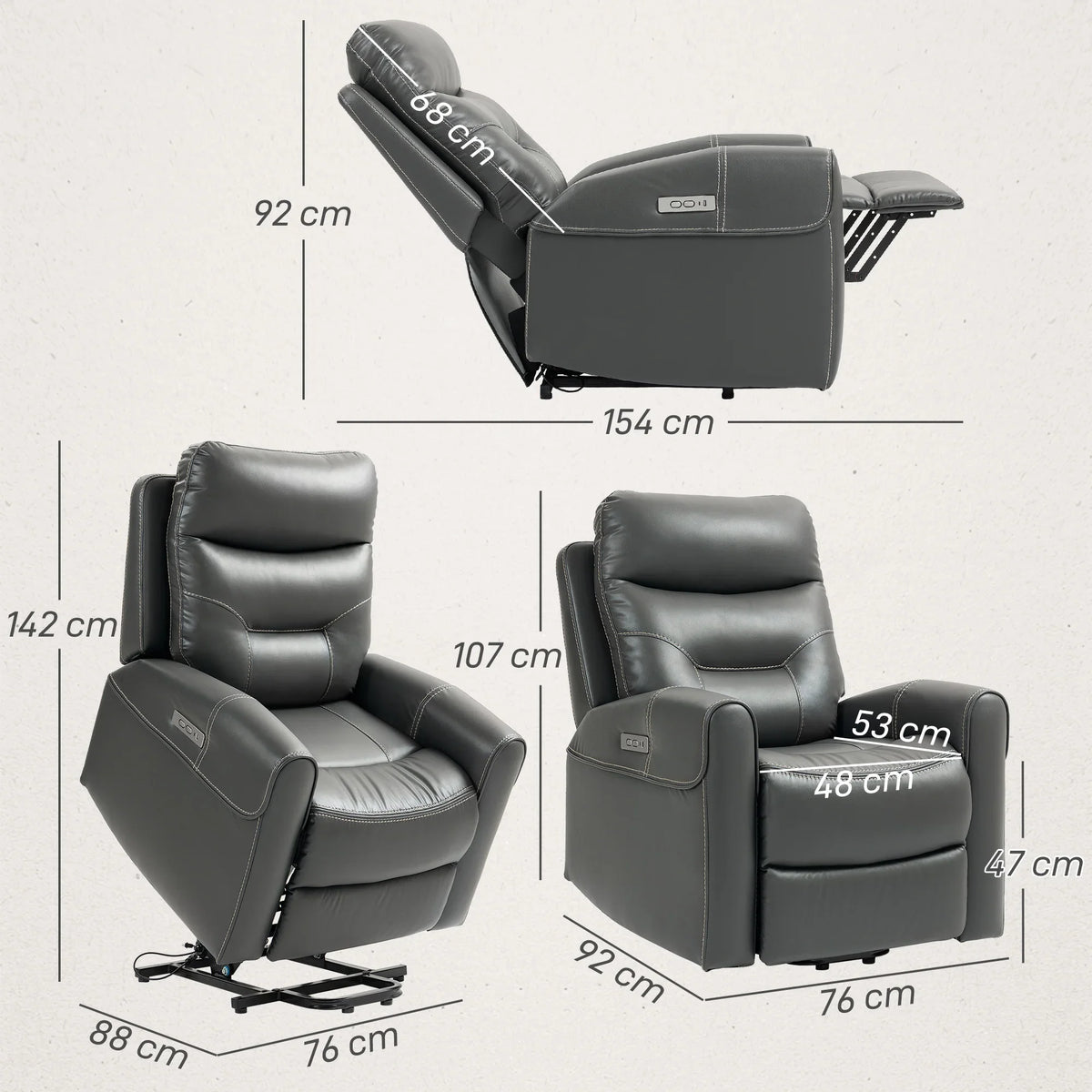 Charcoal gray power lift recliner chair with lift base and extended footrest; size diagram