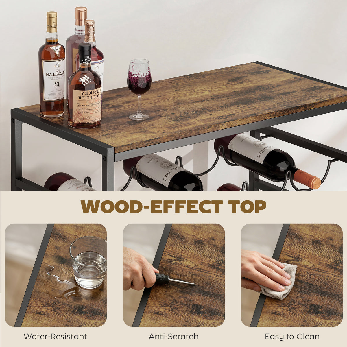 Rustic brown wine rack with wood-effect tabletop; bottles stored below on black metal frame