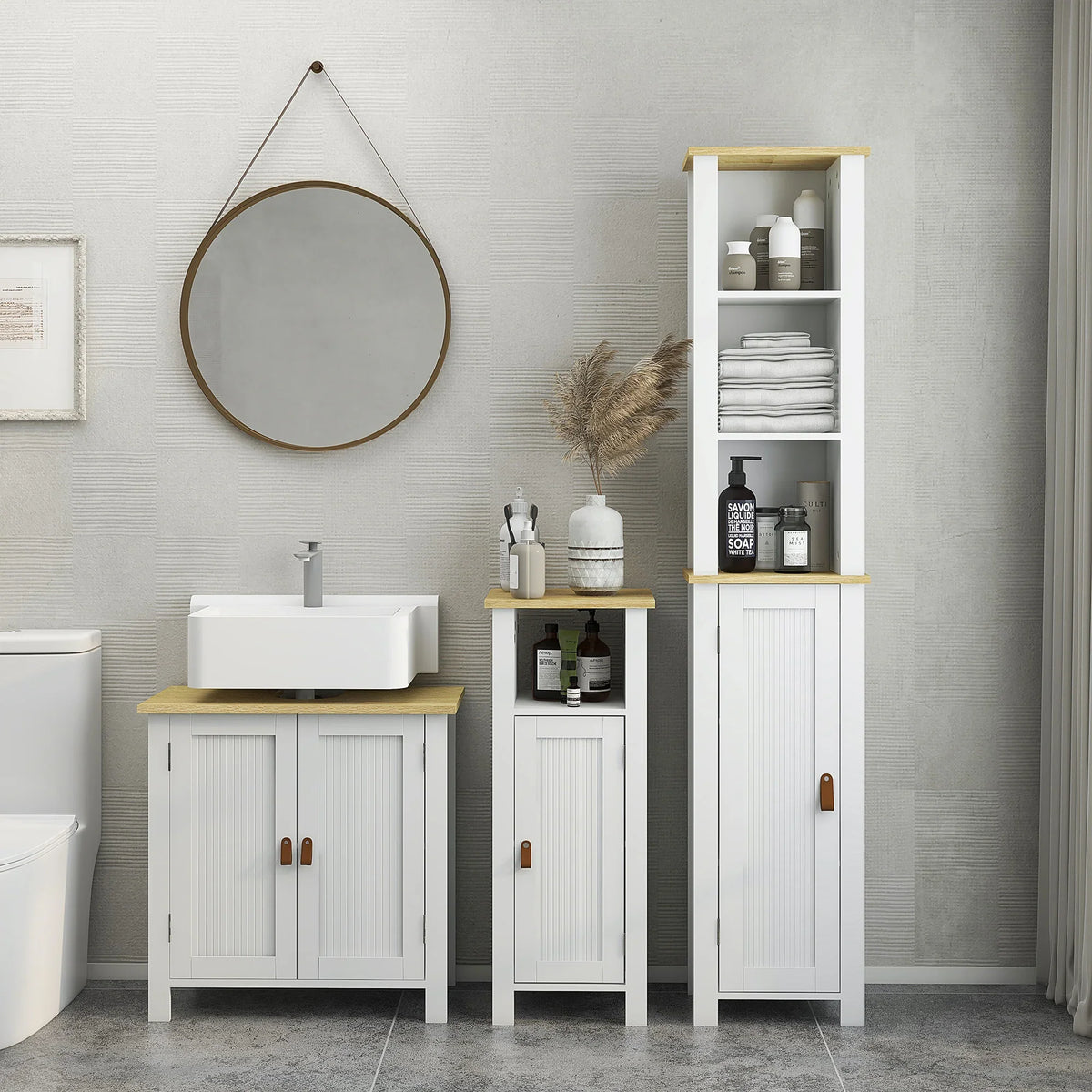 White under sink bathroom cabinet with open shelves, two-door base, and wood-look top