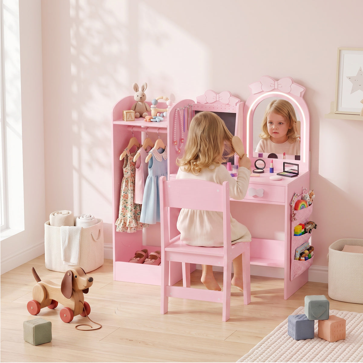 Kids pink dressing table set with arched light-up mirror and matching stool