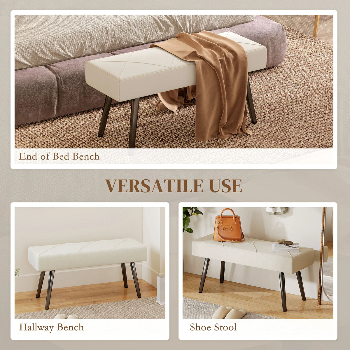 Cream end-of-bed bench with padded seat and black steel legs