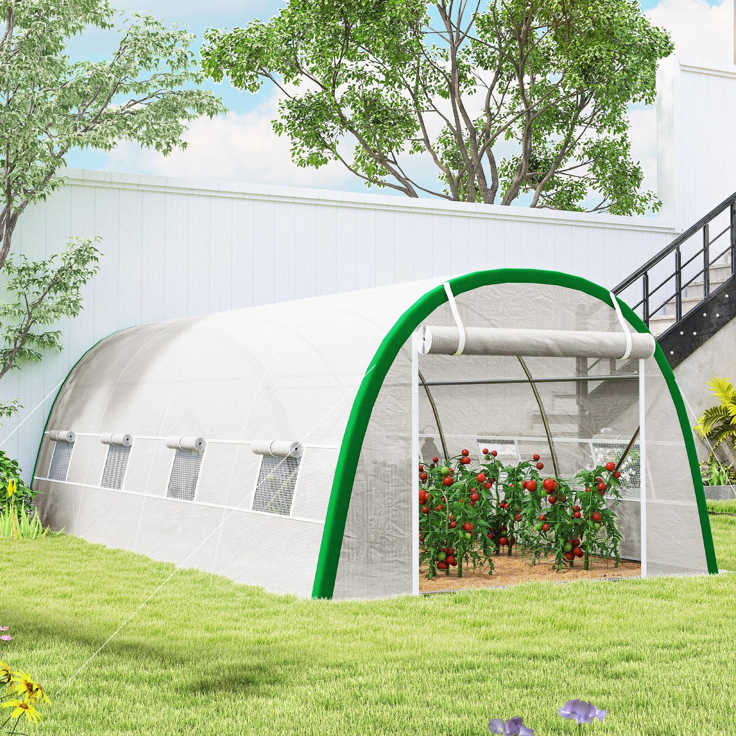 Outsunny Walk In Polytunnel Greenhouse 6 x 3 m With Zipped Doors 8 Mesh Windows PE Cover White