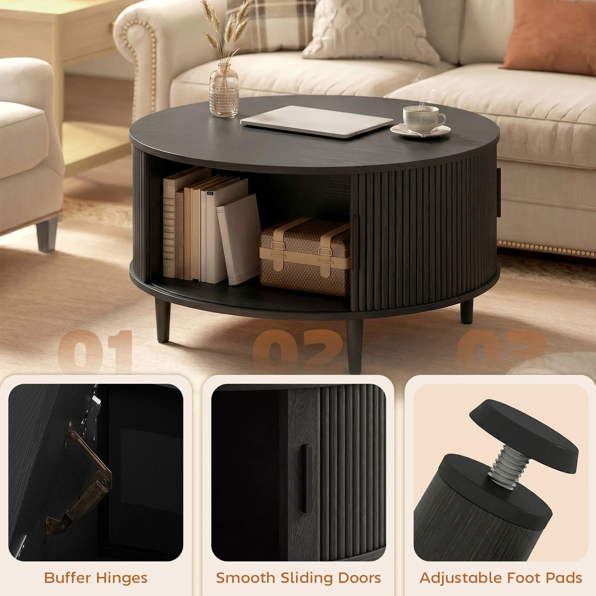 Black round coffee table with open storage shelf and fluted sliding doors, lift-top closed