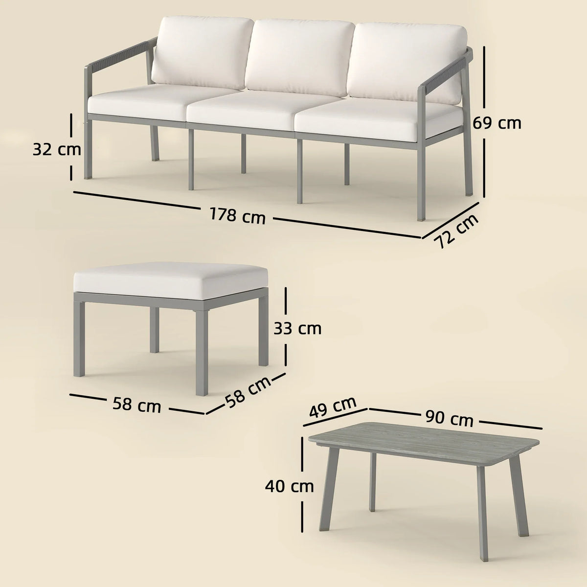 3-piece patio dining set diagram: 3-seater sofa, ottoman footstool, and rectangular coffee table