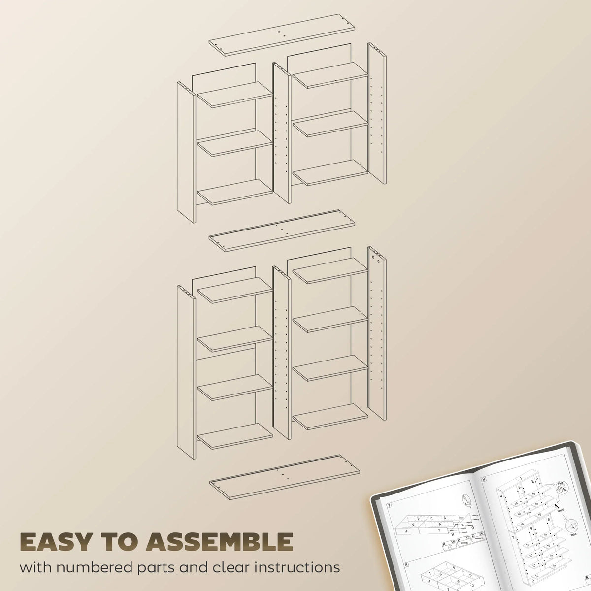 Wood media storage tower parts diagram with shelves and panel layout