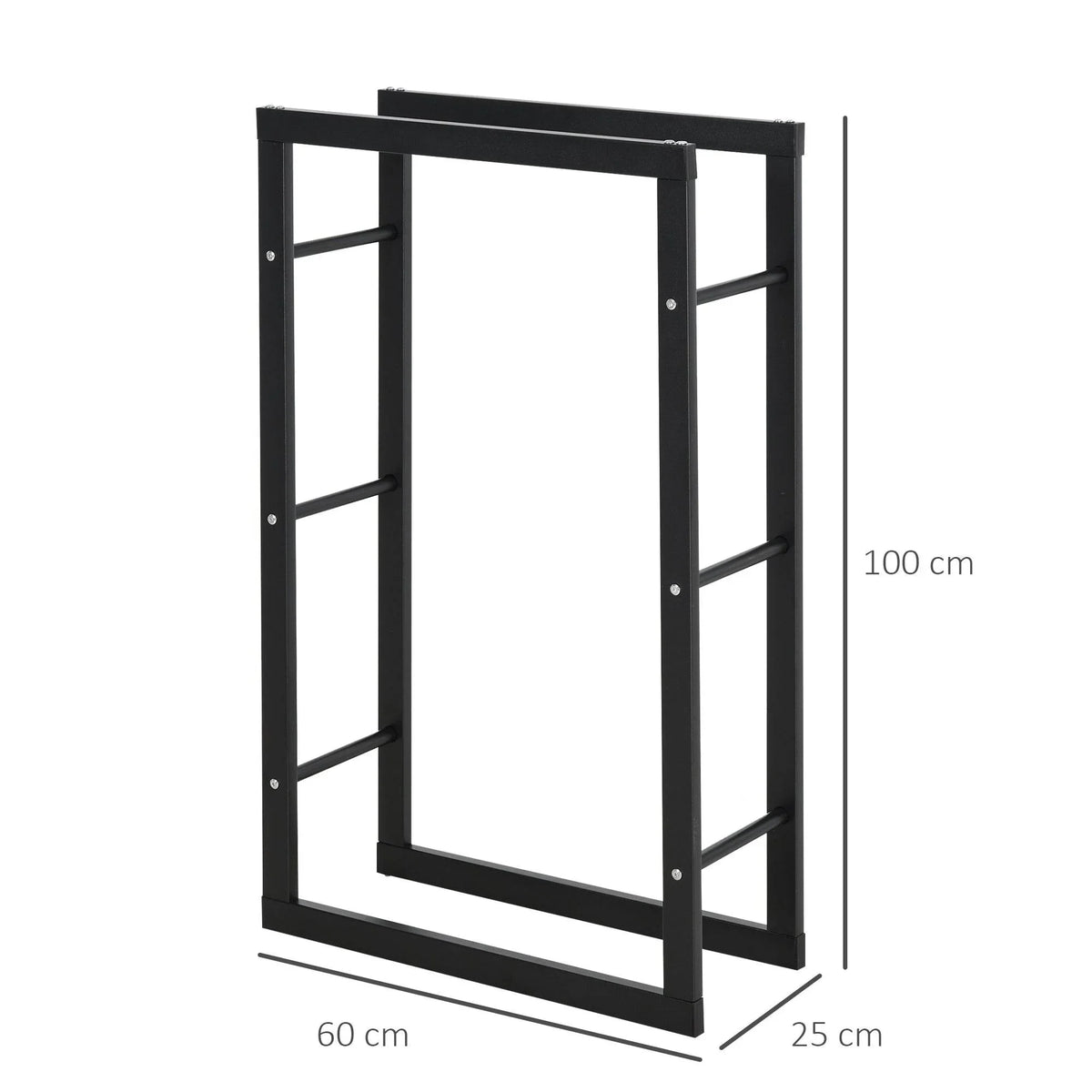 Tall black metal log holder frame with ventilation rails, 60 cm wide, 25 cm deep