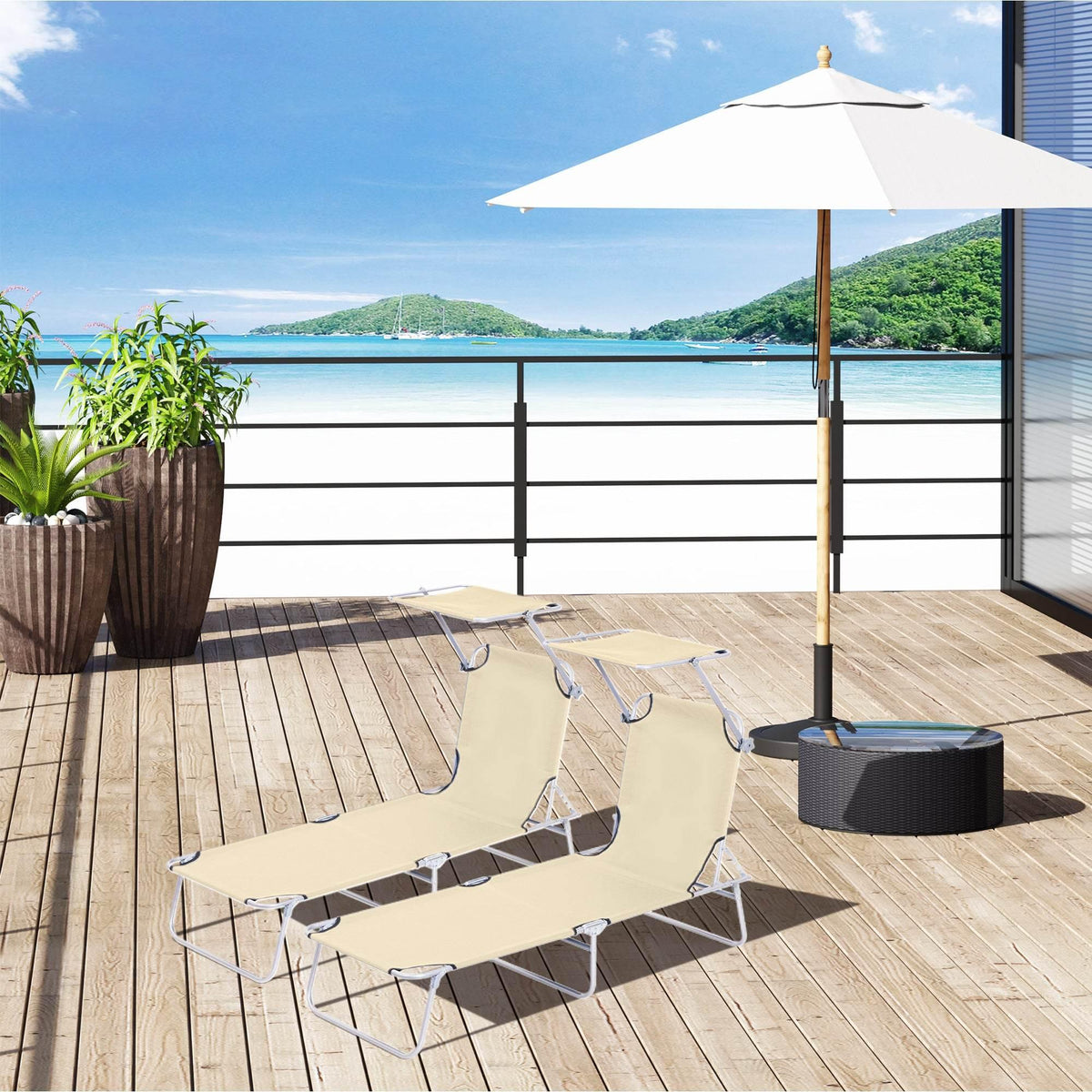 Beige folding sun lounger set with adjustable backrest and canopy, metal frame