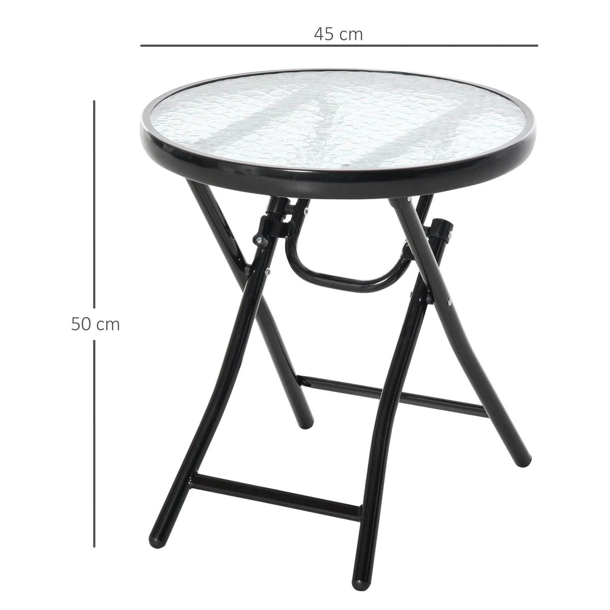 Black round folding table with clear glass top and metal cross legs, side view