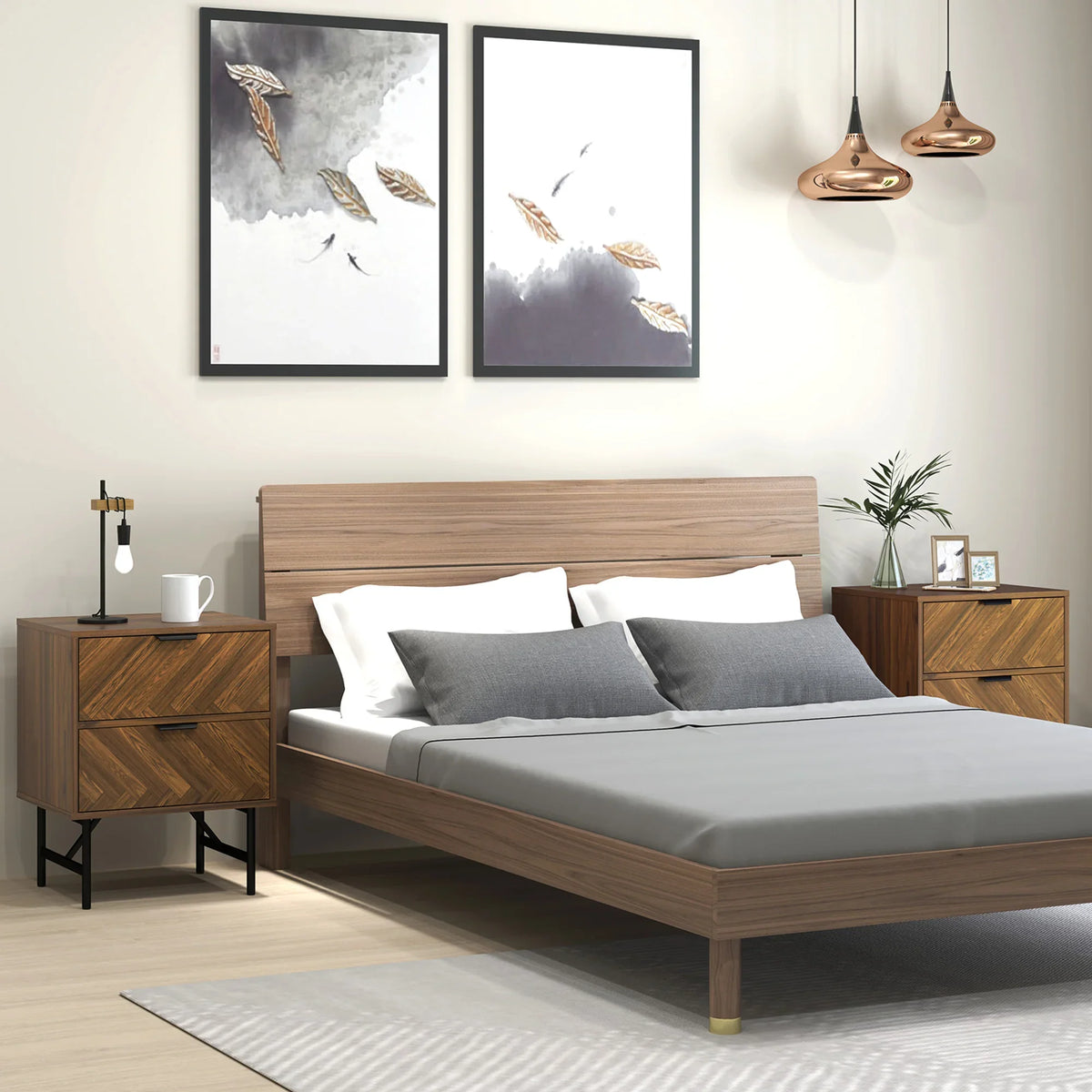 Walnut brown bedside table with two drawers and black metal legs