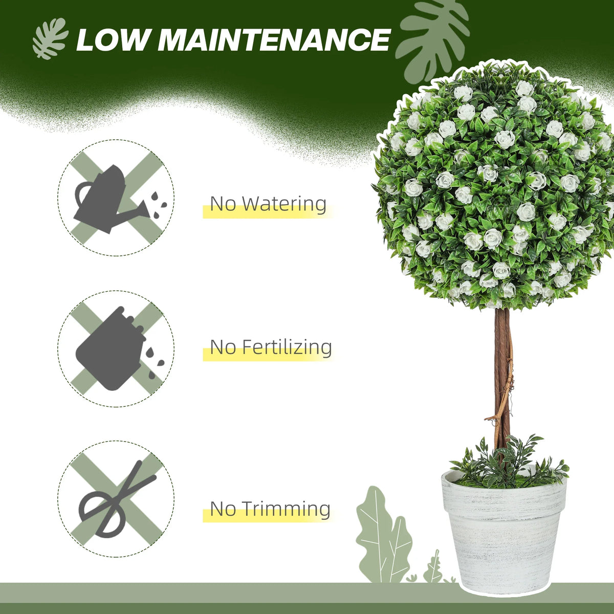 Artificial rose topiary ball tree with white rose flowers in a white pot