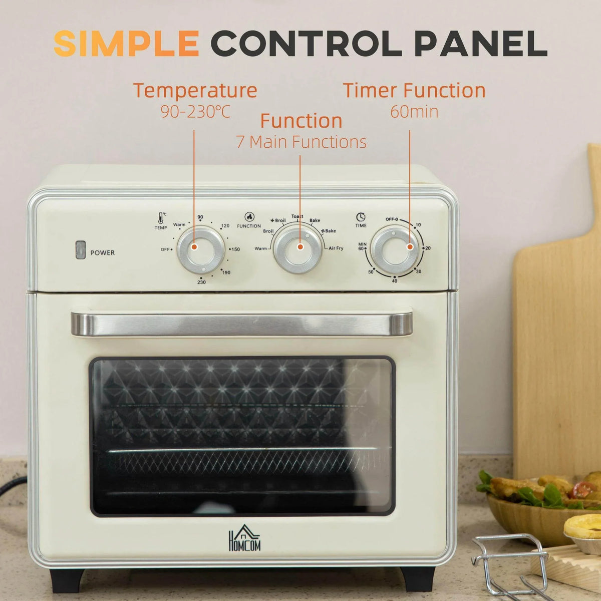 Cream toaster oven front with simple control panel, timer and temperature knobs