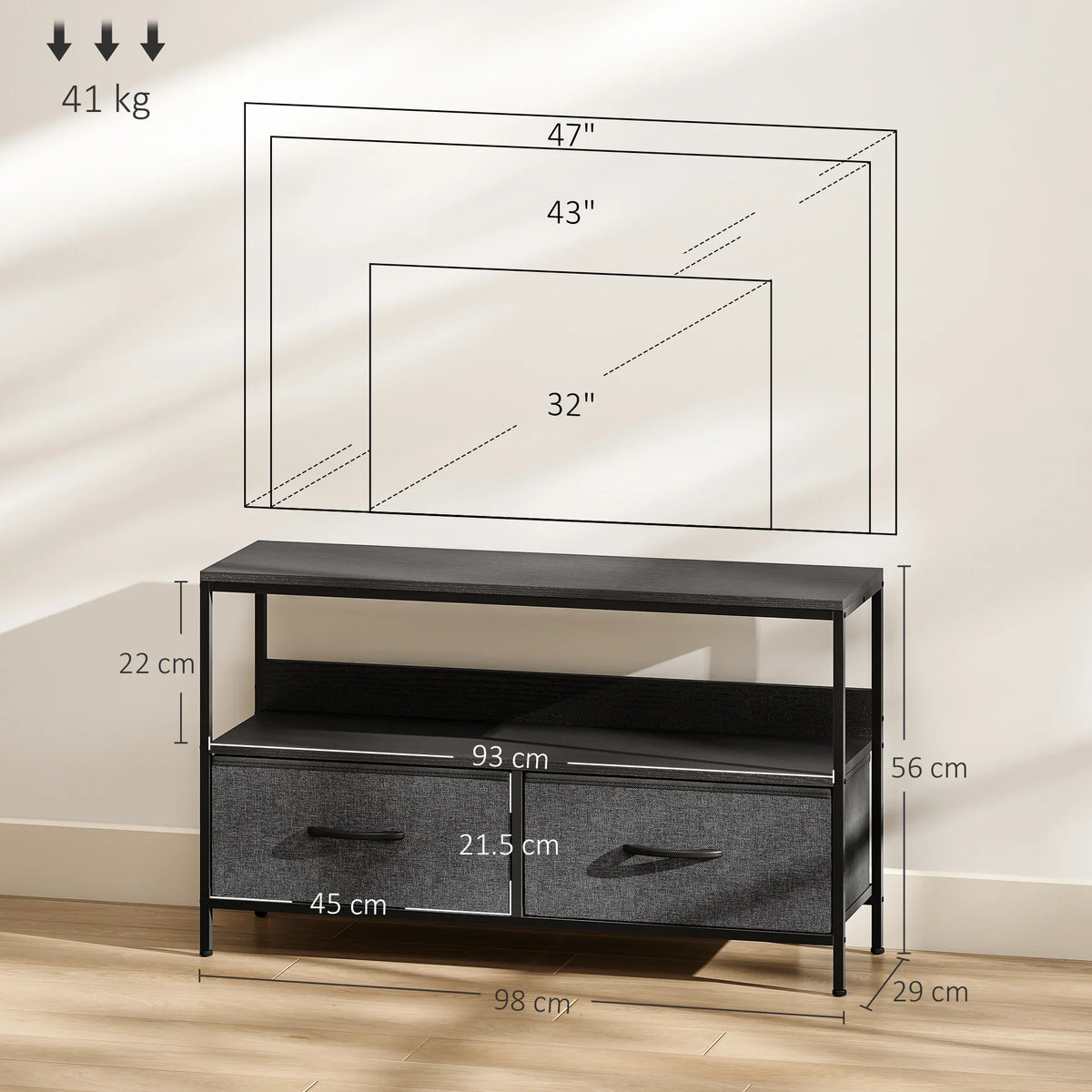 Two-tone black TV stand cabinet with open shelf and two foldable drawers.