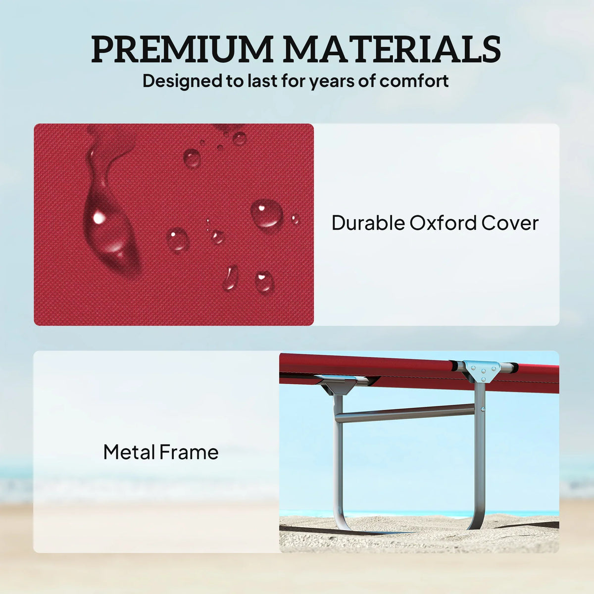 Red sun lounger fabric cover texture with metal frame legs
