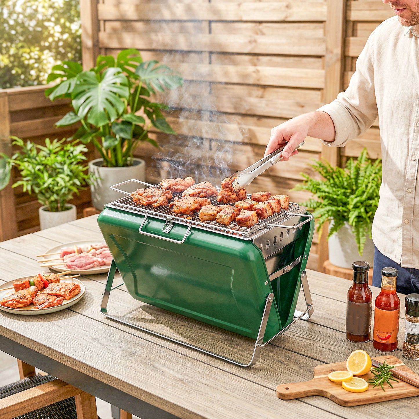 Green portable charcoal grill on patio table with skewers cooking over visible coals