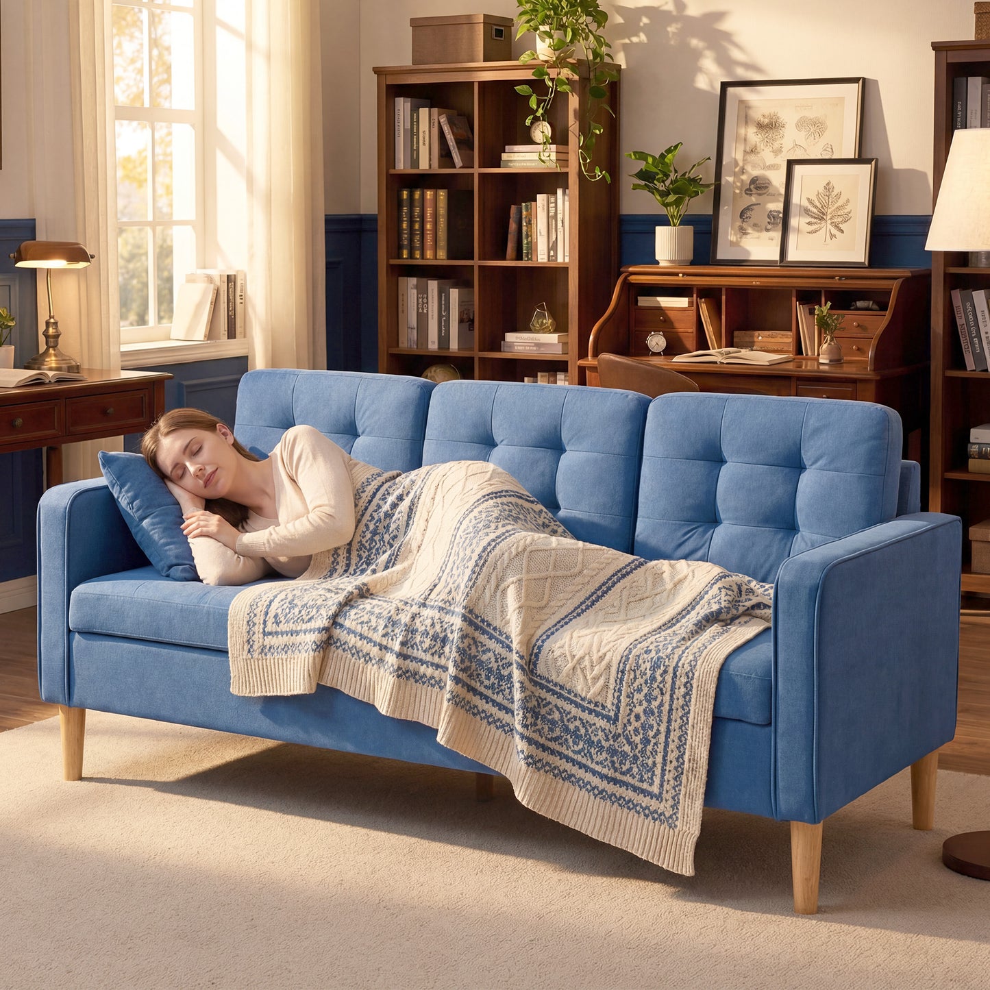HOMCOM Three Seater Sofa Blue With Hidden Storage And Wood Legs 169cm Couch For Living Room