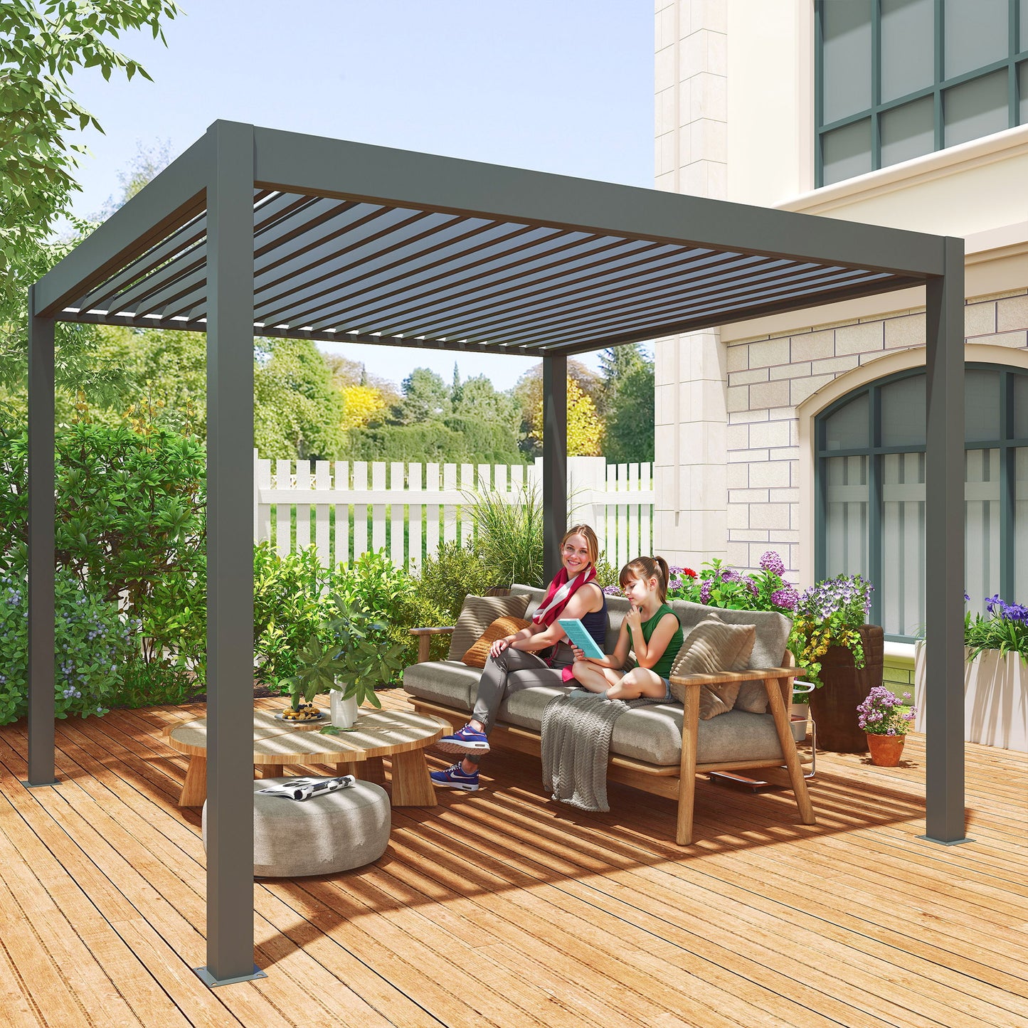 Outsunny 3x3m Electric Louvered Pergola With LED Lights Aluminium Hardtop Gazebo Remote Control Adjustable Roof