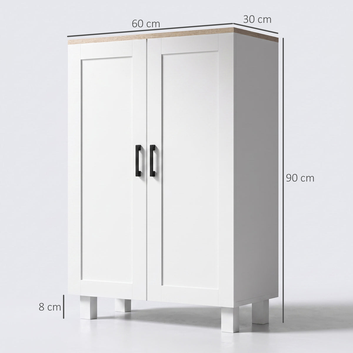 White two-door sideboard cabinet with front doors and black bar handles
