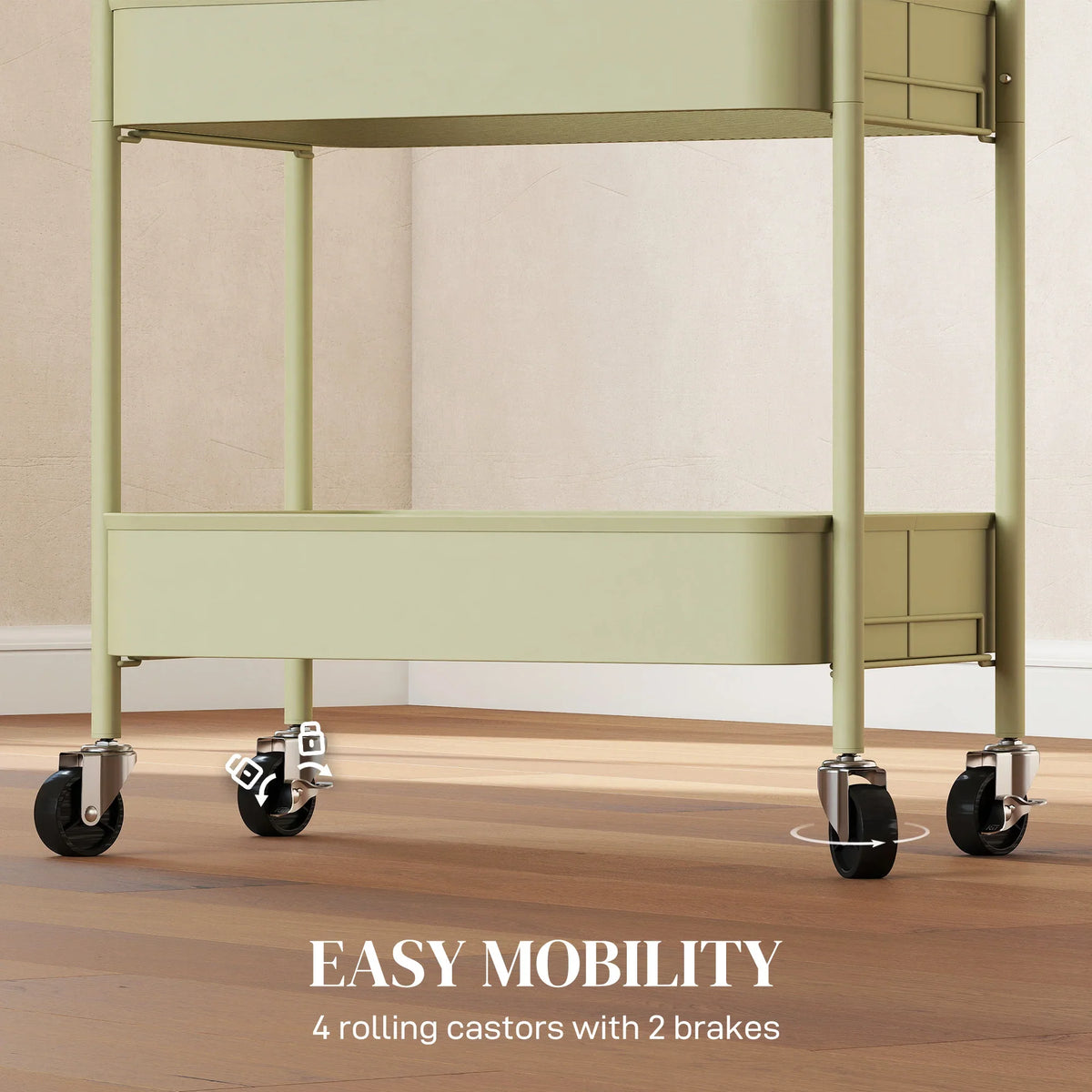 Green rolling storage cart with mesh shelf, close-up of 4 caster wheels and brakes