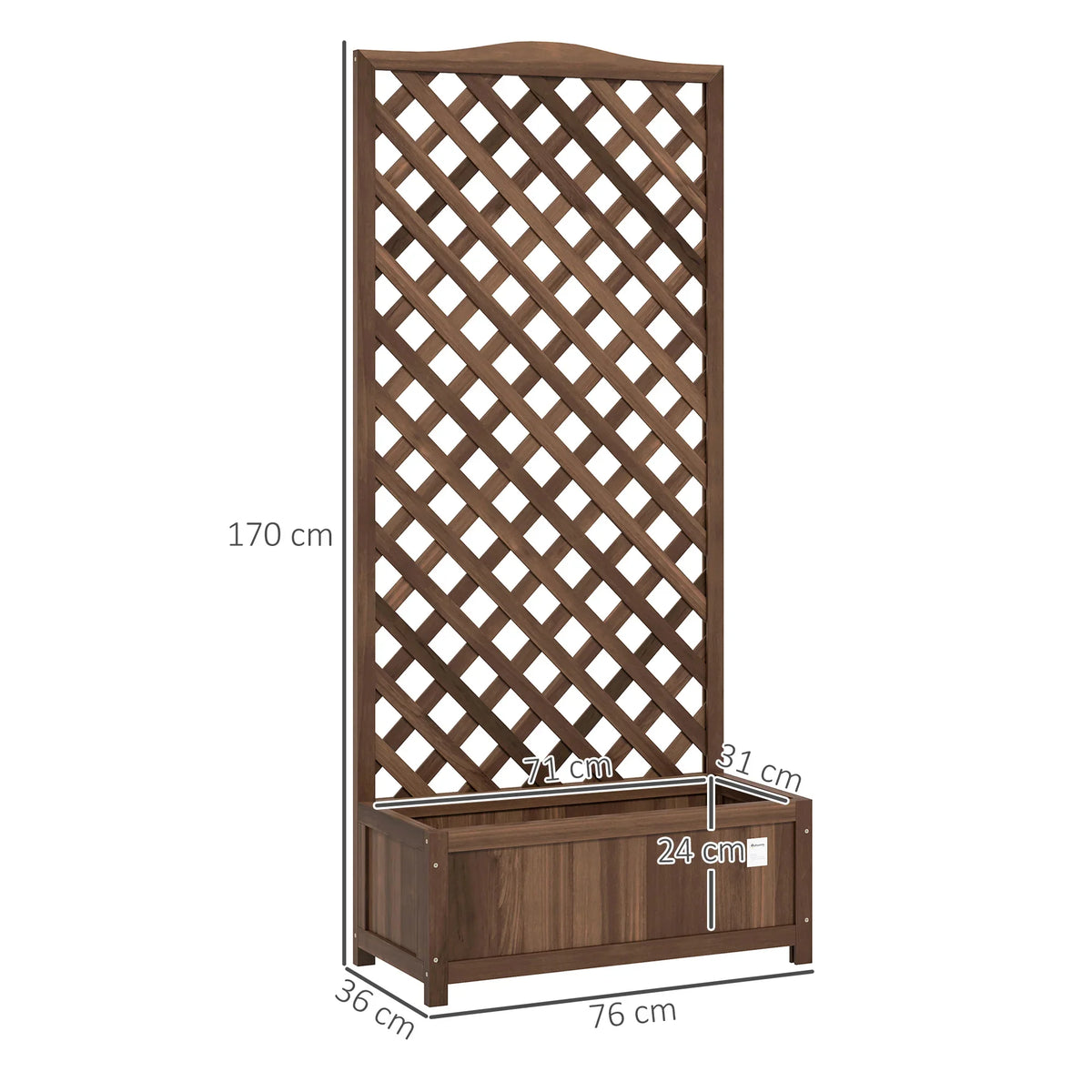 Dark brown freestanding raised planter with tall wooden trellis grid front