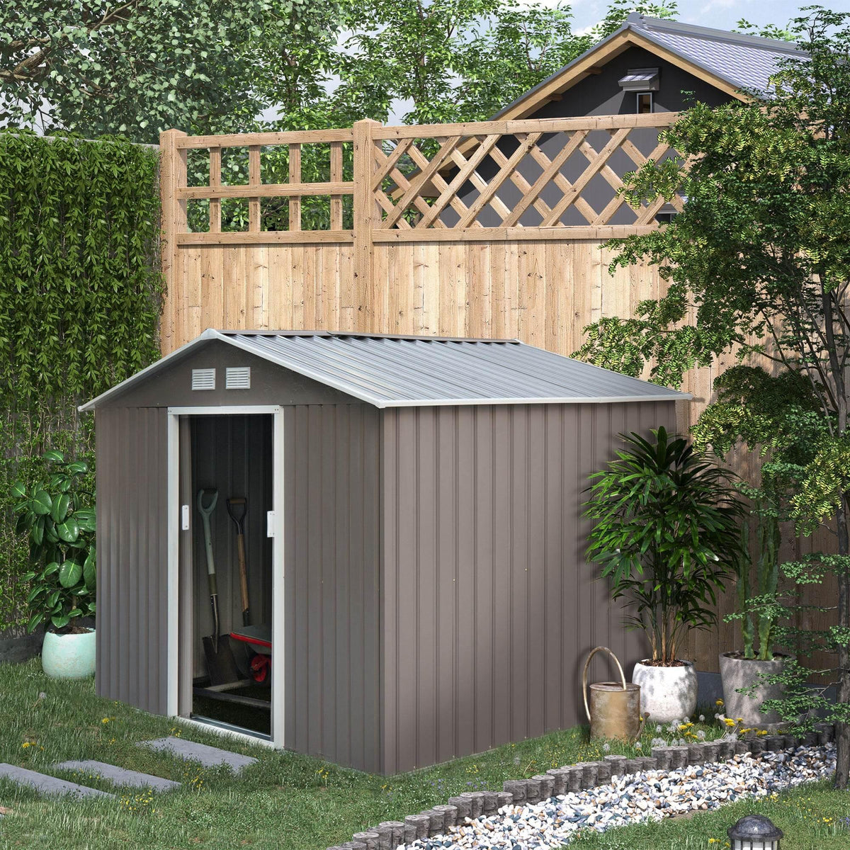 Grey metal garden storage shed with sloped roof and open double entry door.