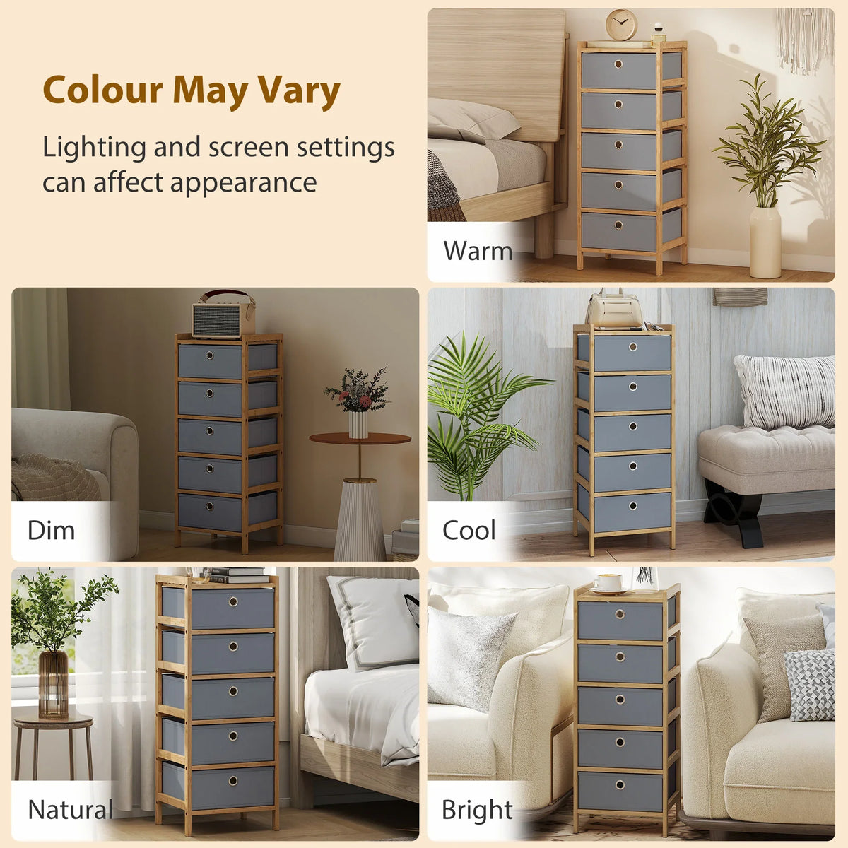 Narrow dresser with five grey fabric drawers and bamboo frame shown in different lighting
