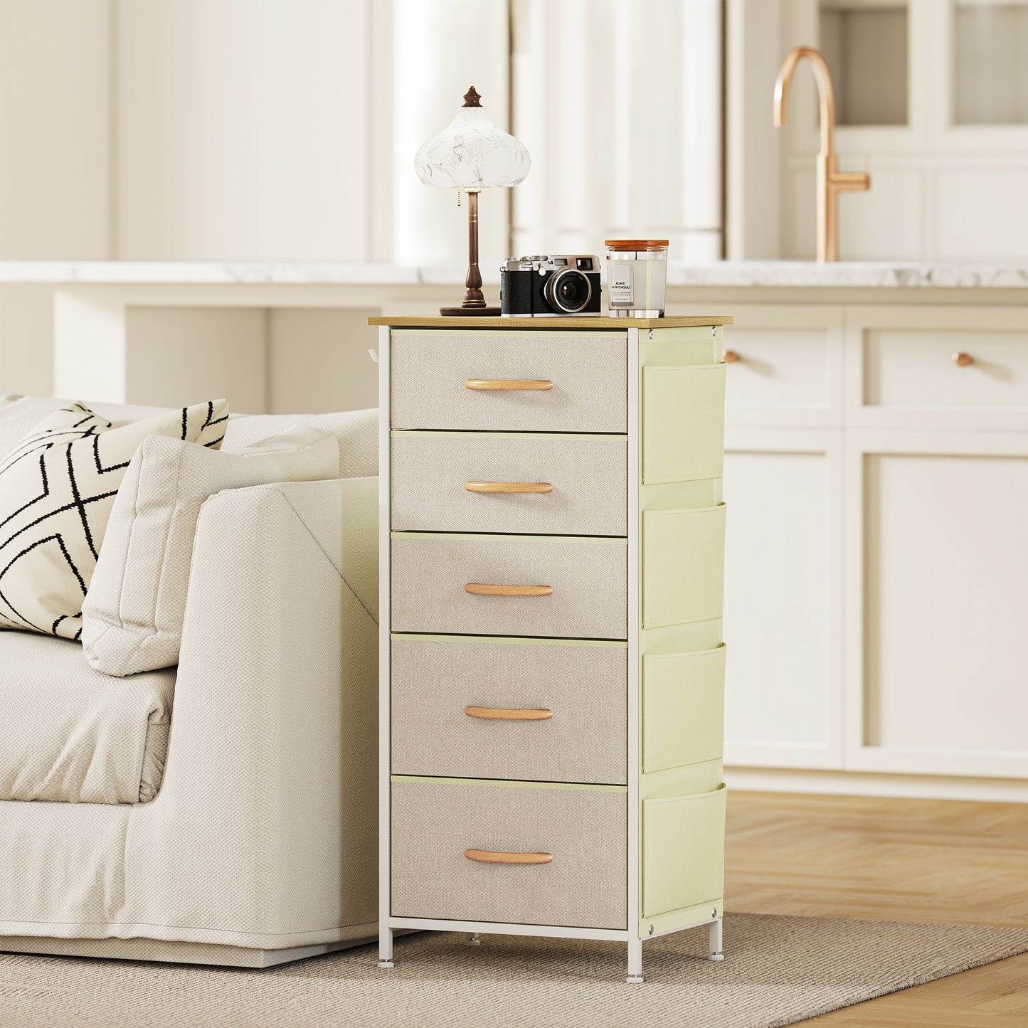 HOMCOM Five Fabric Drawer Chest Beige With Steel Frame And X Bar Support For Bedroom Storage