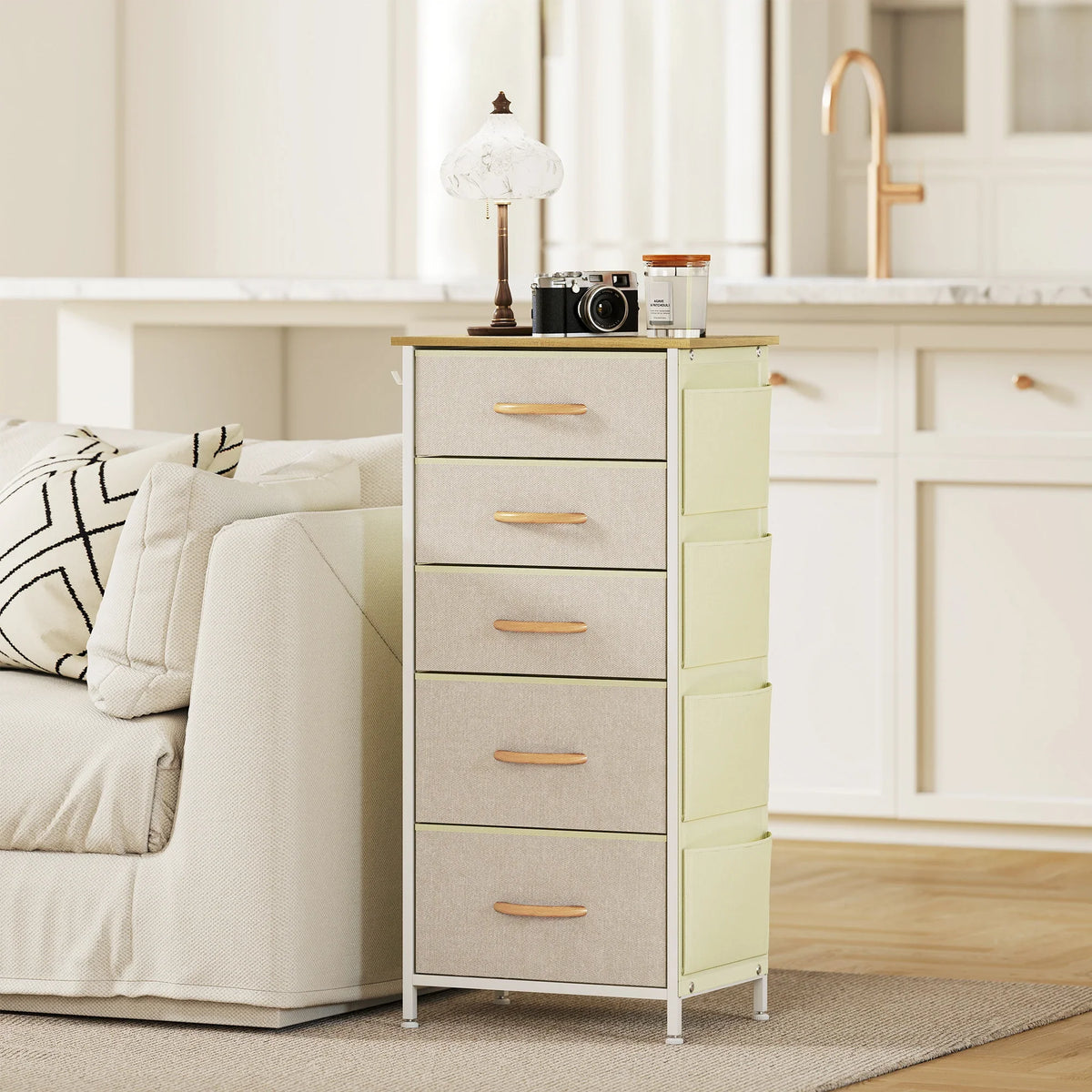 Beige fabric five-drawer chest with steel frame, front pull handles, and open top panel