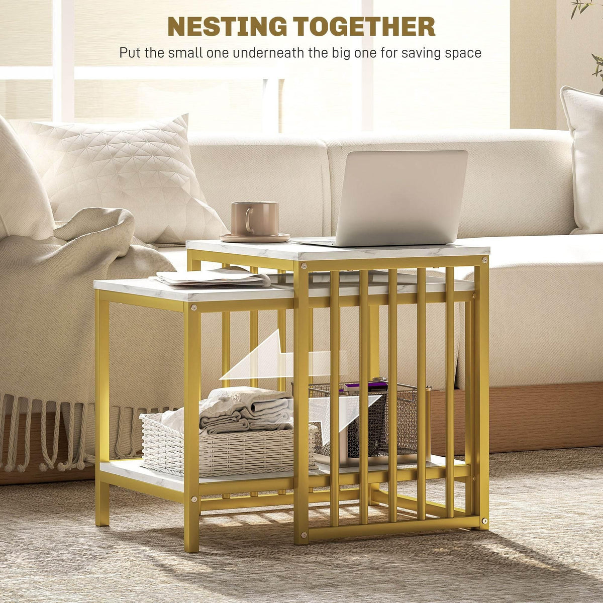 Two-tier nesting coffee tables with faux marble top and gold steel slatted sides