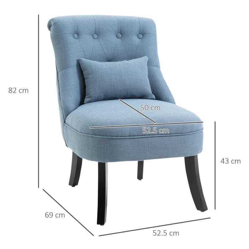 Blue upholstered tub chair with tufted back, square seat cushion, and dark wooden legs