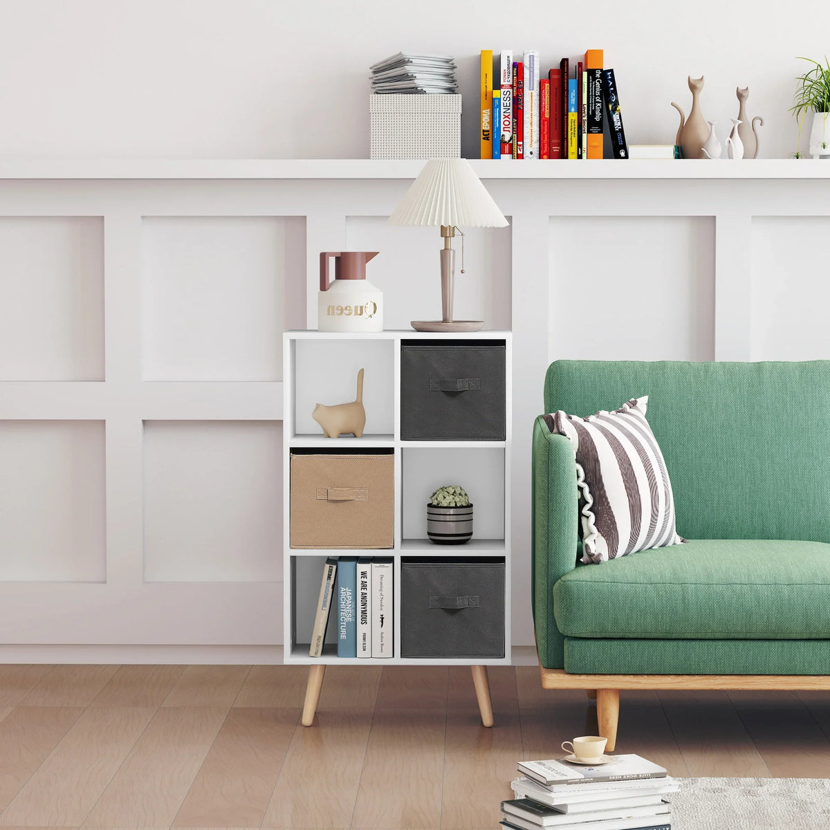 White freestanding 6-cube storage cabinet with open shelves and three fabric drawers