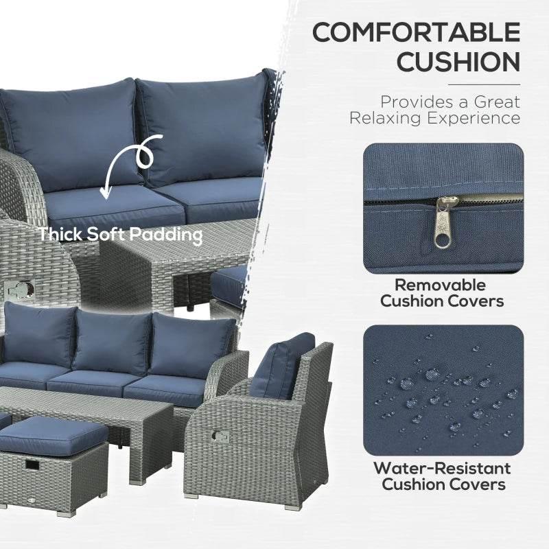 Thick-padded blue outdoor cushions with removable covers on rattan seating