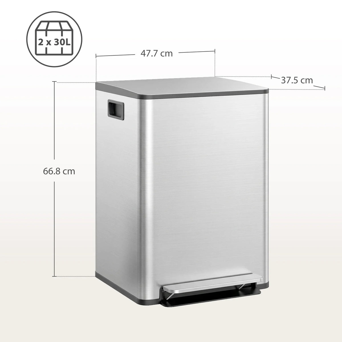 Stainless steel dual-compartment trash bin, open top lid and front foot pedal, silver