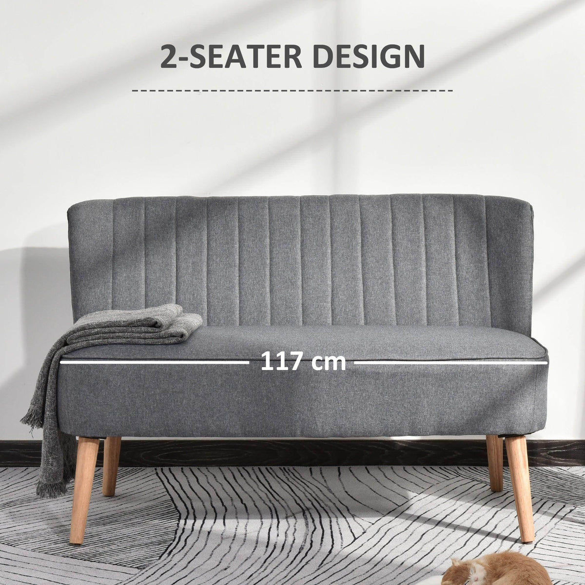 Grey linen-feel 2-seat sofa with tufted back, padded seat, and wood legs