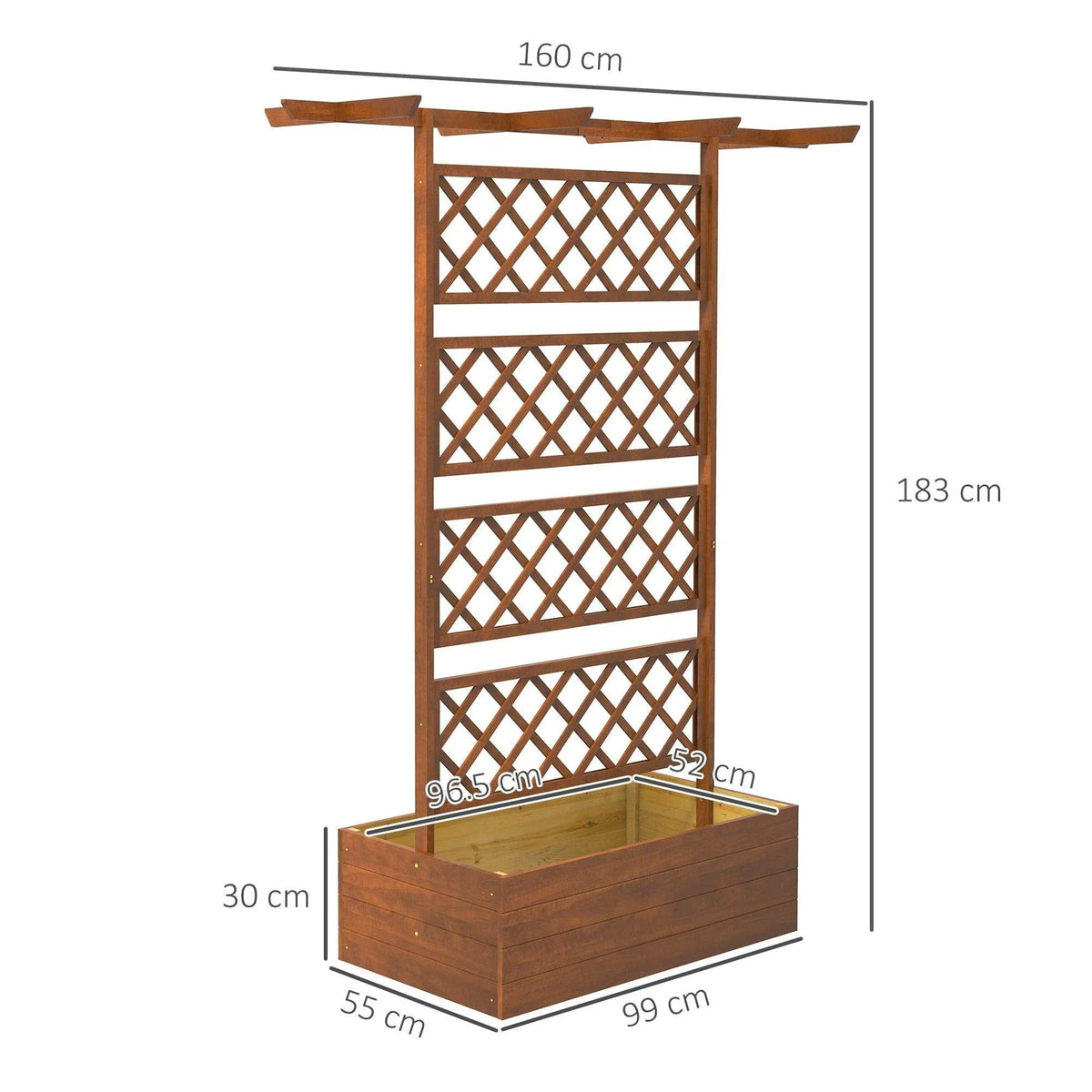Orange wooden trellis planter with open lattice panels and raised planter box