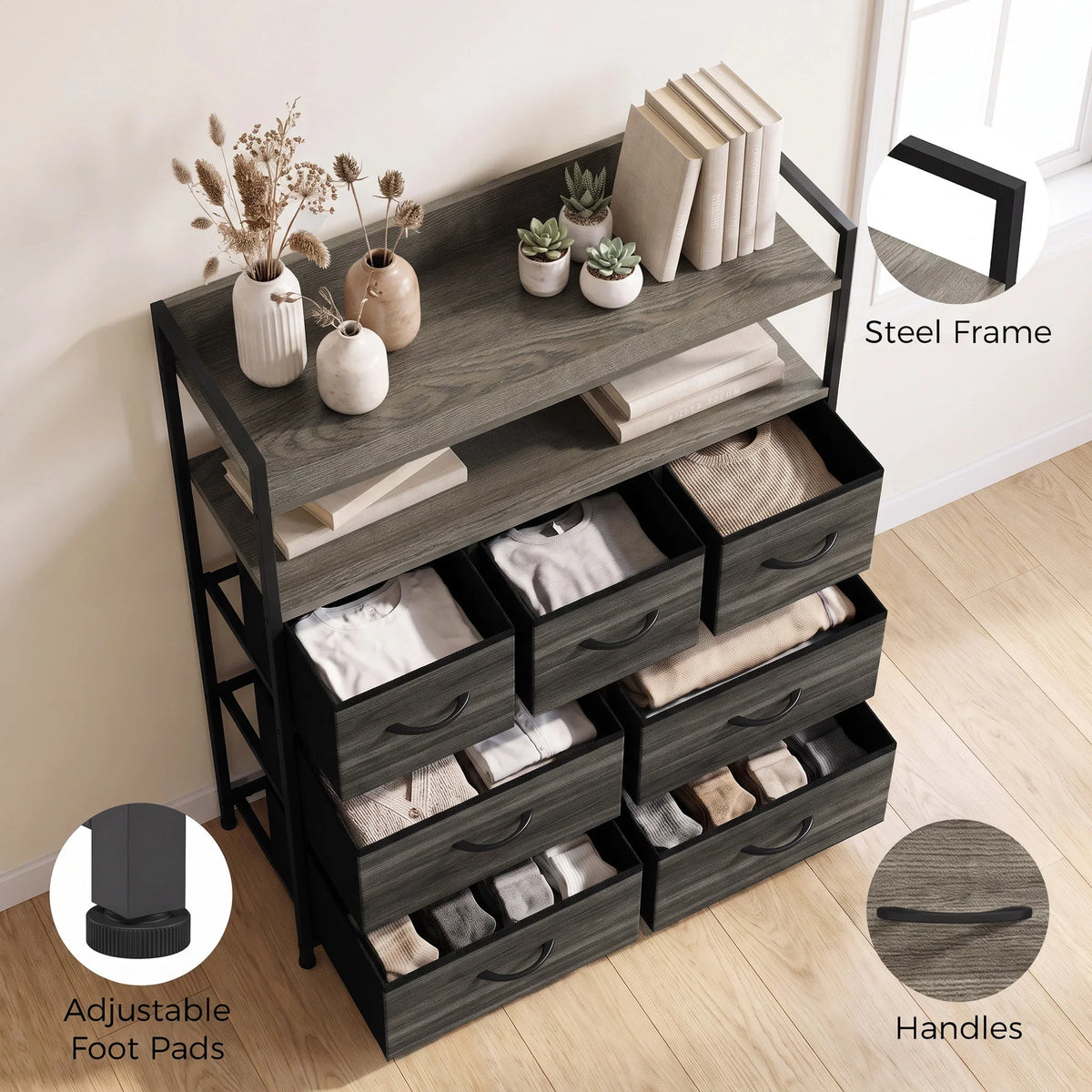 Grey wood-effect dresser showing steel frame, handles, and adjustable foot pads