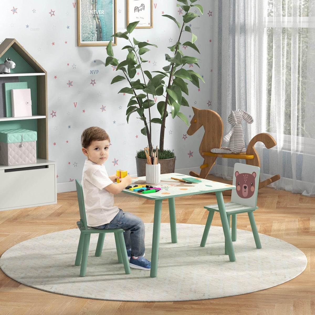 Kids table and two chairs set, light green with animal bear backs